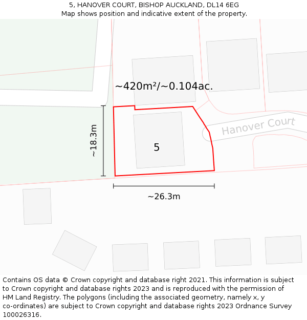 5, HANOVER COURT, BISHOP AUCKLAND, DL14 6EG: Plot and title map