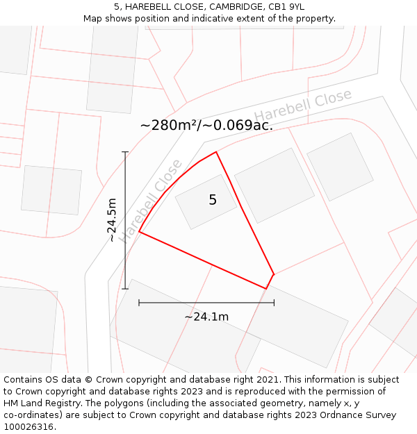 5, HAREBELL CLOSE, CAMBRIDGE, CB1 9YL: Plot and title map