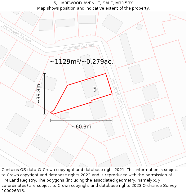 5, HAREWOOD AVENUE, SALE, M33 5BX: Plot and title map