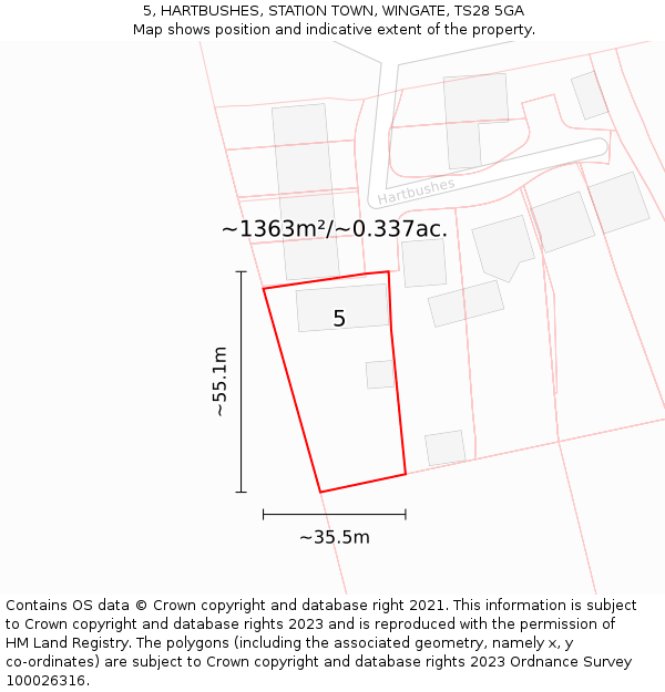 5, HARTBUSHES, STATION TOWN, WINGATE, TS28 5GA: Plot and title map