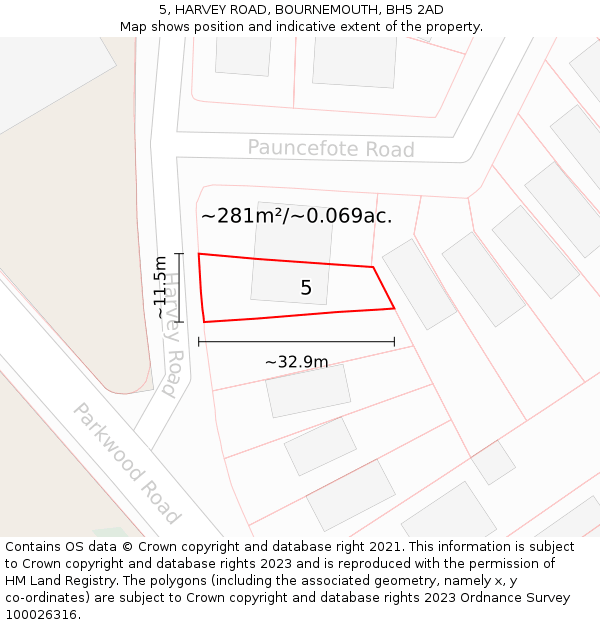 5, HARVEY ROAD, BOURNEMOUTH, BH5 2AD: Plot and title map