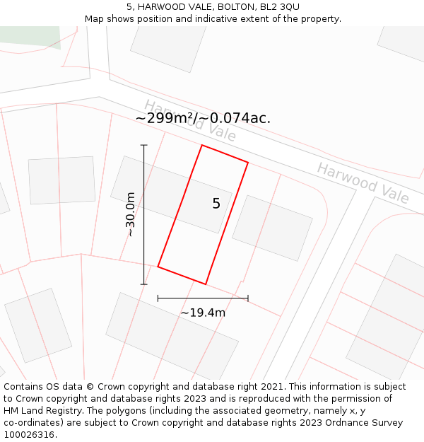 5, HARWOOD VALE, BOLTON, BL2 3QU: Plot and title map