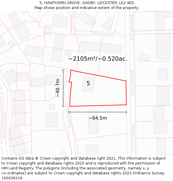 5, HAWTHORN GROVE, OADBY, LEICESTER, LE2 4ED: Plot and title map