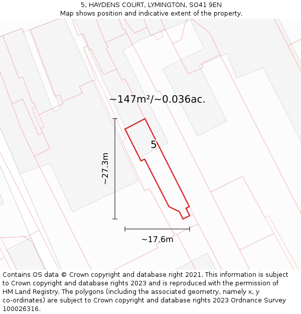 5, HAYDENS COURT, LYMINGTON, SO41 9EN: Plot and title map