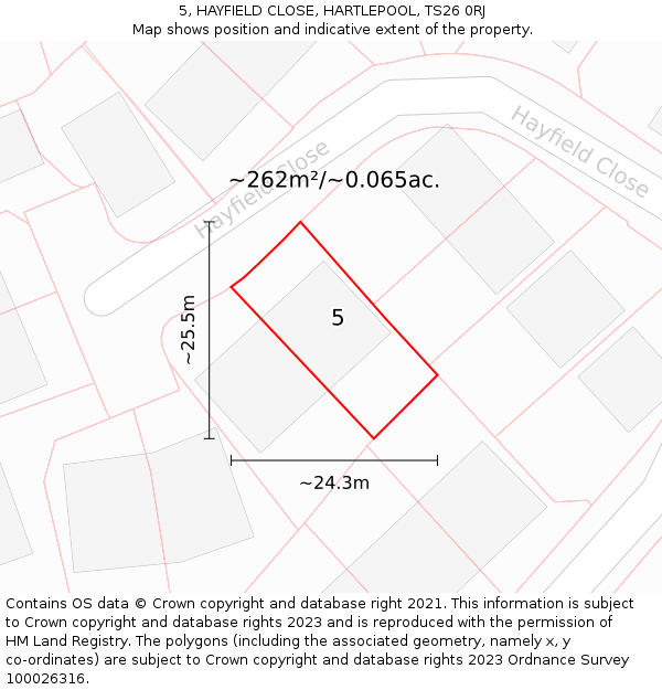 5, HAYFIELD CLOSE, HARTLEPOOL, TS26 0RJ: Plot and title map