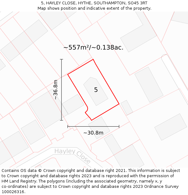 5, HAYLEY CLOSE, HYTHE, SOUTHAMPTON, SO45 3RT: Plot and title map