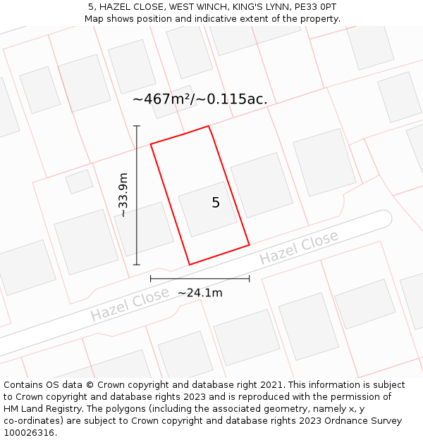 5, HAZEL CLOSE, WEST WINCH, KING'S LYNN, PE33 0PT: Plot and title map