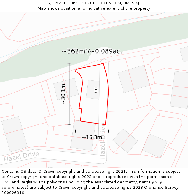 5, HAZEL DRIVE, SOUTH OCKENDON, RM15 6JT: Plot and title map