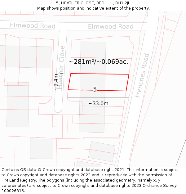 5, HEATHER CLOSE, REDHILL, RH1 2JL: Plot and title map