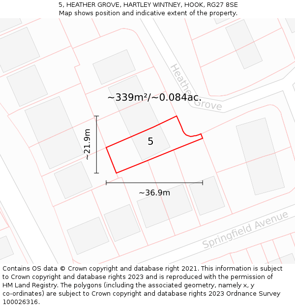 5, HEATHER GROVE, HARTLEY WINTNEY, HOOK, RG27 8SE: Plot and title map