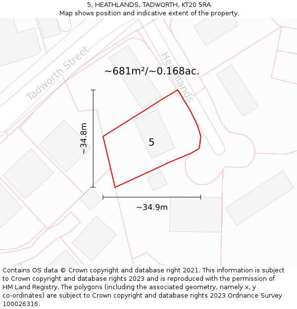 5, HEATHLANDS, TADWORTH, KT20 5RA: Plot and title map