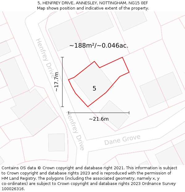 5, HENFREY DRIVE, ANNESLEY, NOTTINGHAM, NG15 0EF: Plot and title map