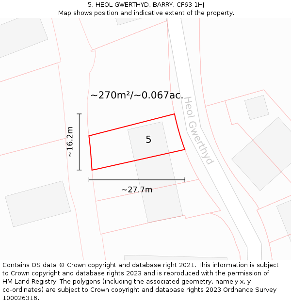 5, HEOL GWERTHYD, BARRY, CF63 1HJ: Plot and title map