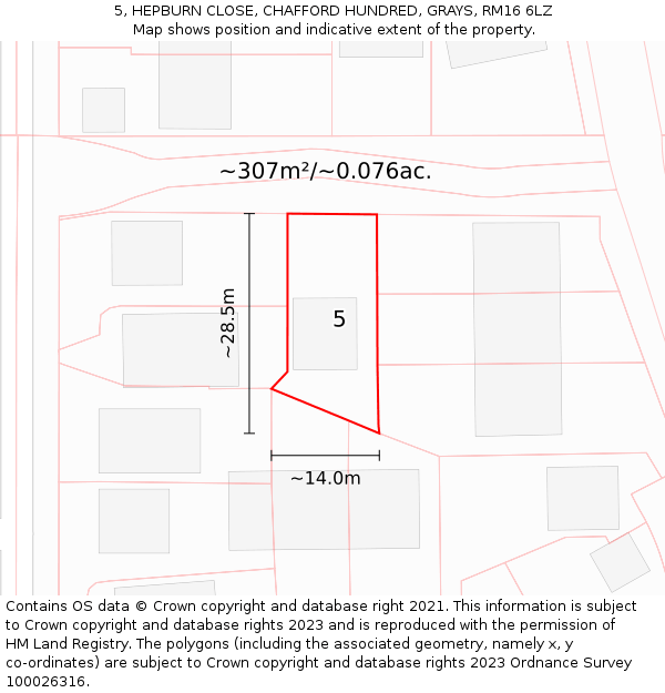 5, HEPBURN CLOSE, CHAFFORD HUNDRED, GRAYS, RM16 6LZ: Plot and title map