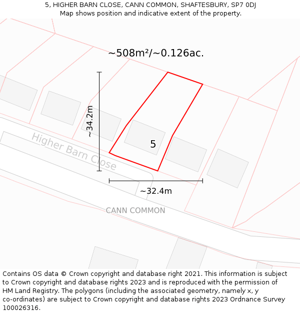 5, HIGHER BARN CLOSE, CANN COMMON, SHAFTESBURY, SP7 0DJ: Plot and title map