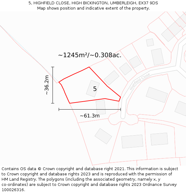 5, HIGHFIELD CLOSE, HIGH BICKINGTON, UMBERLEIGH, EX37 9DS: Plot and title map