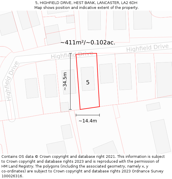 5, HIGHFIELD DRIVE, HEST BANK, LANCASTER, LA2 6DH: Plot and title map