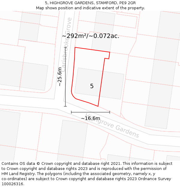 5, HIGHGROVE GARDENS, STAMFORD, PE9 2GR: Plot and title map