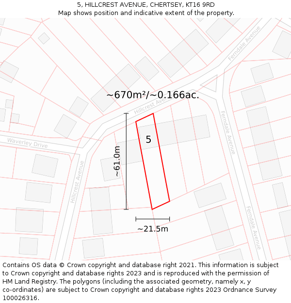 5, HILLCREST AVENUE, CHERTSEY, KT16 9RD: Plot and title map