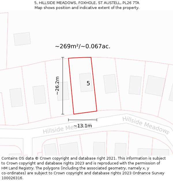 5, HILLSIDE MEADOWS, FOXHOLE, ST AUSTELL, PL26 7TA: Plot and title map