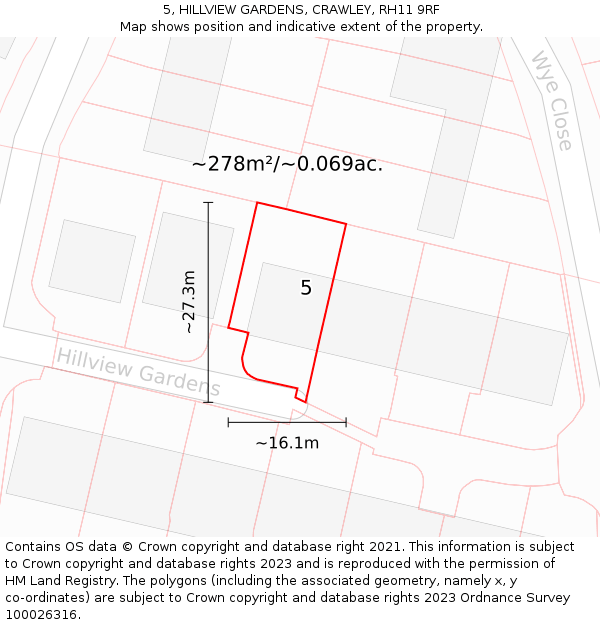 5, HILLVIEW GARDENS, CRAWLEY, RH11 9RF: Plot and title map