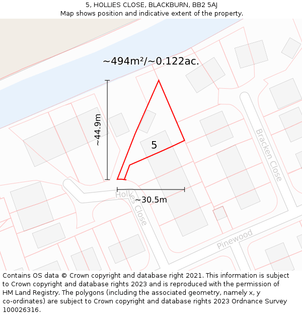 5, HOLLIES CLOSE, BLACKBURN, BB2 5AJ: Plot and title map