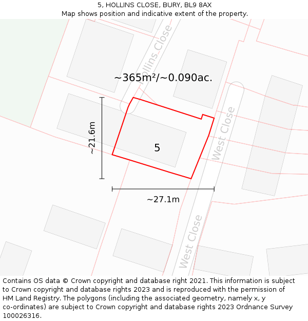 5, HOLLINS CLOSE, BURY, BL9 8AX: Plot and title map