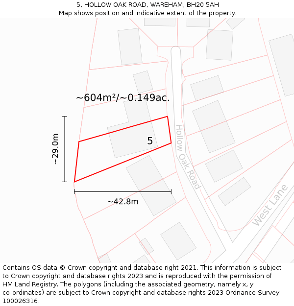 5, HOLLOW OAK ROAD, WAREHAM, BH20 5AH: Plot and title map