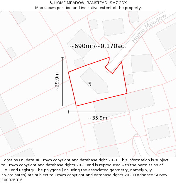 5, HOME MEADOW, BANSTEAD, SM7 2DX: Plot and title map