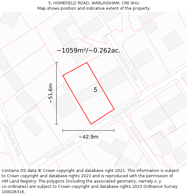 5, HOMEFIELD ROAD, WARLINGHAM, CR6 9HU: Plot and title map