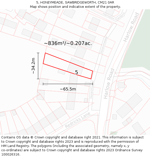 5, HONEYMEADE, SAWBRIDGEWORTH, CM21 0AR: Plot and title map