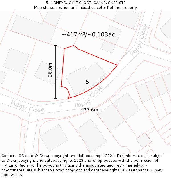 5, HONEYSUCKLE CLOSE, CALNE, SN11 9TE: Plot and title map