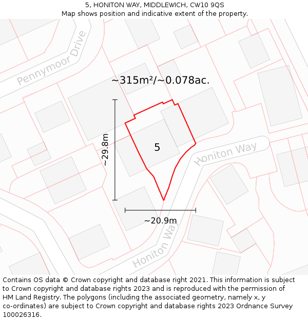 5, HONITON WAY, MIDDLEWICH, CW10 9QS: Plot and title map