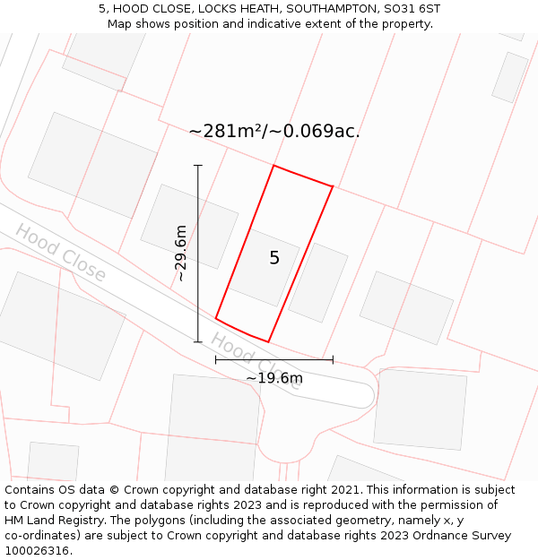 5, HOOD CLOSE, LOCKS HEATH, SOUTHAMPTON, SO31 6ST: Plot and title map