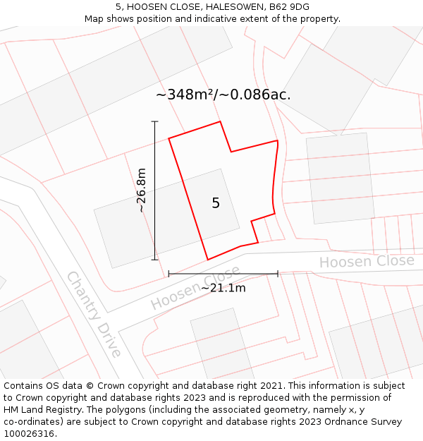 5, HOOSEN CLOSE, HALESOWEN, B62 9DG: Plot and title map