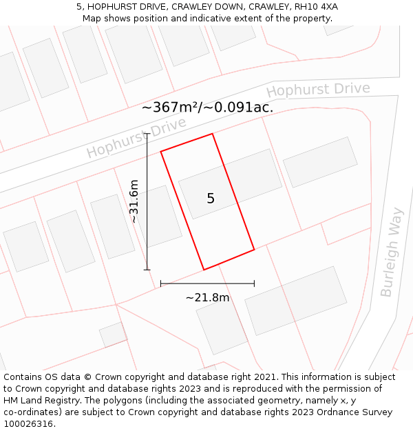 5, HOPHURST DRIVE, CRAWLEY DOWN, CRAWLEY, RH10 4XA: Plot and title map