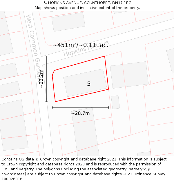 5, HOPKINS AVENUE, SCUNTHORPE, DN17 1EG: Plot and title map