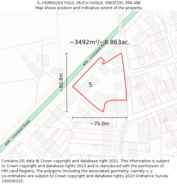 5, HORROCKS FOLD, MUCH HOOLE, PRESTON, PR4 4RE: Plot and title map