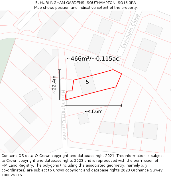 5, HURLINGHAM GARDENS, SOUTHAMPTON, SO16 3PA: Plot and title map