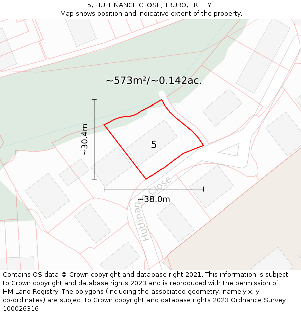 5, HUTHNANCE CLOSE, TRURO, TR1 1YT: Plot and title map