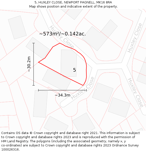 5, HUXLEY CLOSE, NEWPORT PAGNELL, MK16 8RA: Plot and title map