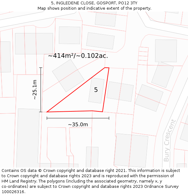 5, INGLEDENE CLOSE, GOSPORT, PO12 3TY: Plot and title map