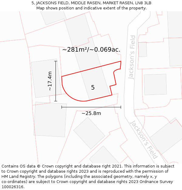 5, JACKSONS FIELD, MIDDLE RASEN, MARKET RASEN, LN8 3LB: Plot and title map