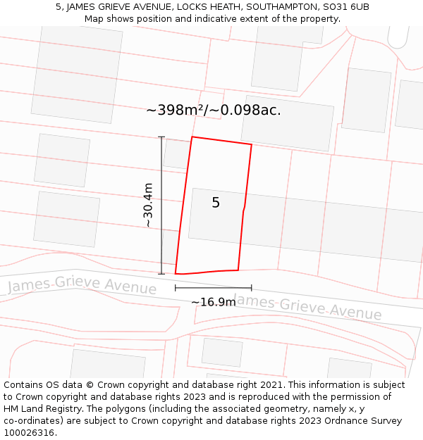 5, JAMES GRIEVE AVENUE, LOCKS HEATH, SOUTHAMPTON, SO31 6UB: Plot and title map