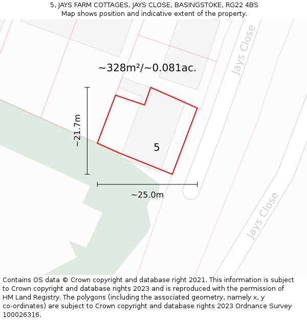 5, JAYS FARM COTTAGES, JAYS CLOSE, BASINGSTOKE, RG22 4BS: Plot and title map