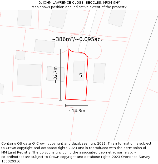 5, JOHN LAWRENCE CLOSE, BECCLES, NR34 9HY: Plot and title map