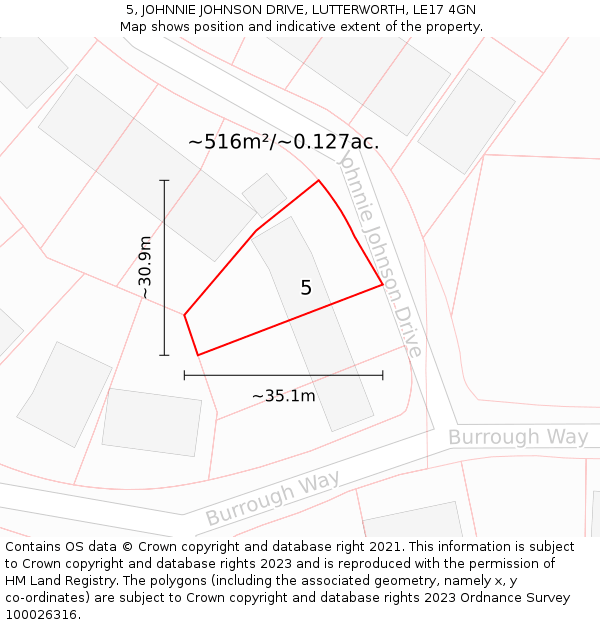 5, JOHNNIE JOHNSON DRIVE, LUTTERWORTH, LE17 4GN: Plot and title map