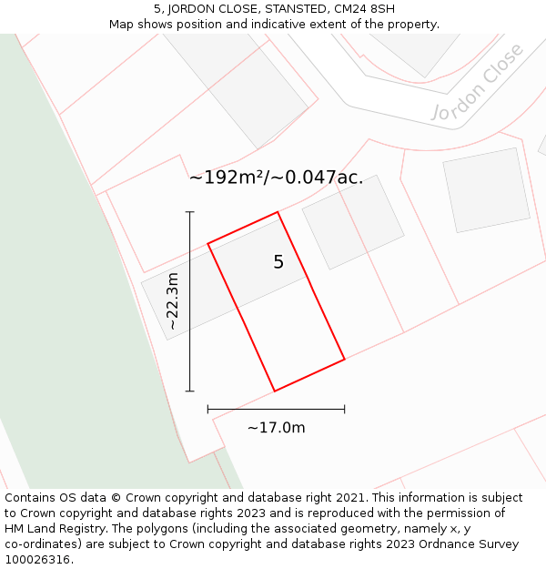 5, JORDON CLOSE, STANSTED, CM24 8SH: Plot and title map