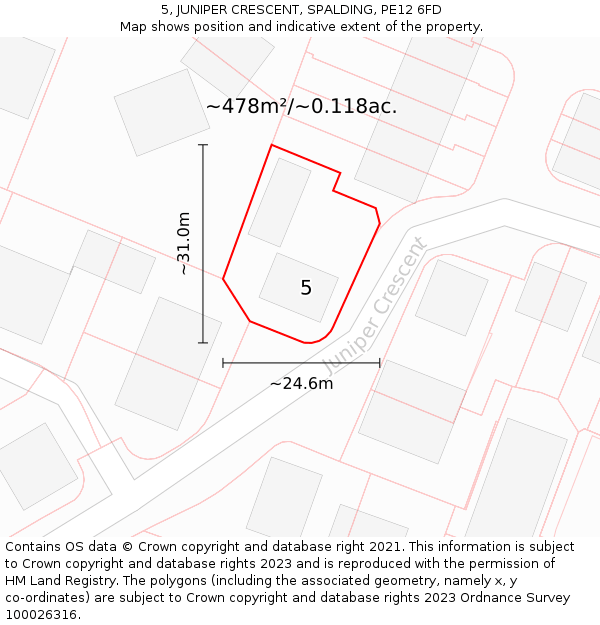 5, JUNIPER CRESCENT, SPALDING, PE12 6FD: Plot and title map