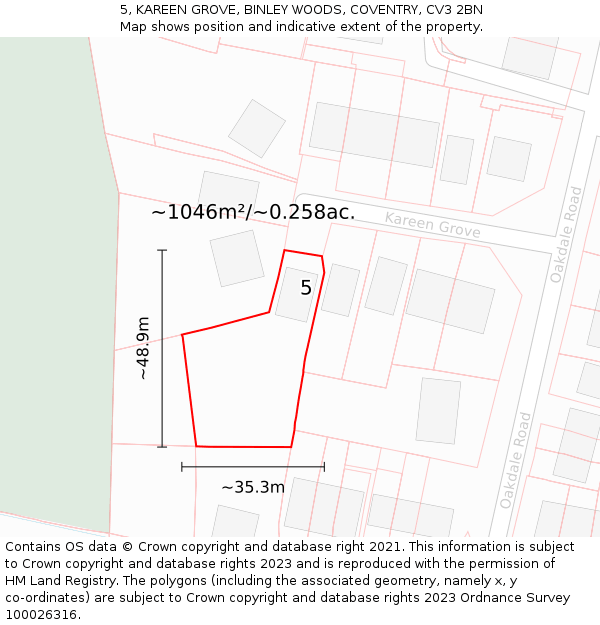 5, KAREEN GROVE, BINLEY WOODS, COVENTRY, CV3 2BN: Plot and title map